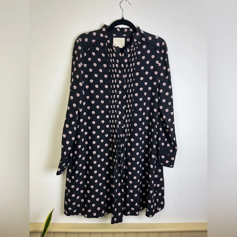 Kate Spade New York Ditzy Silk Shift Dress M Black Daisy Fall Preppy Old Money